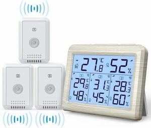 AMIR デジタル温湿度計 外気温度計 ワイヤレス 温度湿度計 室内室外 三つセンサー 高精度 LCD大画面　イエロー