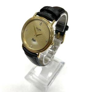 【美品・希少】セリーヌ CELINE 5P ダイヤ 馬車 ゴールド 黒 レザー レディース腕時計 