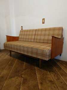 北欧 デンマーク ビンテージ チーク材フレーム ソファベッド ブラウンチェックファブリック 2.5シーター/Denmark モダン デイベッド 寝椅子