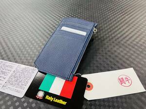 イタリア カーボン 本革 牛革 シボ革 縦型 極小財布 短財布 メンズ 紳士 ネイビー 送料無料