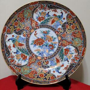 有田焼　丸五謹製　古伊万里　孔雀牡丹紋　46.5cm 大きな飾皿