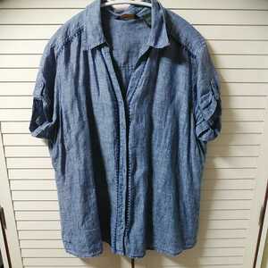 エディーバウアー　半袖シャツ スキッパーシャツ 上質リネン100　柔らかい肌ざわり　XLサイズ　ブルー系　高級リネン　麻　送料無料匿名