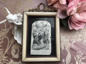 フランスアンティーク 豪華！美しい装飾フレーム&カニヴェ入り！写真立て　19世紀　天使　ホーリーカード　額　ロマンティック　レース