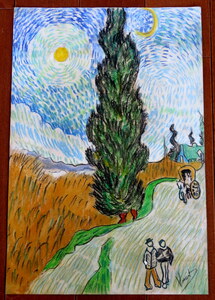 フィンセント ファン ゴッホ Vincent van Gogh 糸杉の道 ミクストメディア 1890年 オルセー美術館認証票 油彩 水彩 肉筆 原画 模写