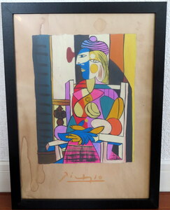 パブロ ピカソ Pablo Picasso 窓際に座る女性 ミクストメディア 油彩 水彩 パステル 肉筆 原画 オルセー美術館認証 蜜蝋印 模写