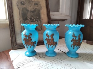 ★フランス アンティーク　ブルー　ガラス　小花瓶　3点セット　リボン装飾