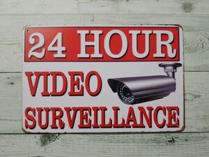 bk129 送料無料!! ブリキ看板 「24時間 ビデオ 監視中」 防犯カメラ セキュリティ ビデオ カメラ 警備 インテリア アメリカン 雑貨 英語