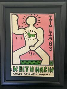 【超希少 １点限り】キース・ヘリング Keith Haring 貴重肉筆「ITALIA 83」ミクストメディア 裏にキース・ヘリング財団認証印 公式ＫＨ印！