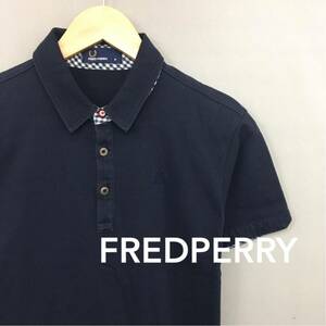 フレッドペリー FREDPERRY ポロシャツ 半袖 トップス 日本製 綿100% 鹿の子 ロゴ刺繍 ハーフボタン ネイビー メンズ 男性用 Mサイズ ￡▼