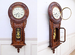 ET261 大型 特大 アンティーク レトロ スイス製 木製 見事な彫刻 機械式 アナログ ゼンマイ式 掛時計 柱時計 壁掛け時計 振り子時計