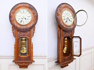 GO362 アンティーク レトロ 見事な彫刻 大時計 特大 大型 ゼンマイ式 機械式 掛時計 木製 古い 掛け時計 振り子時計