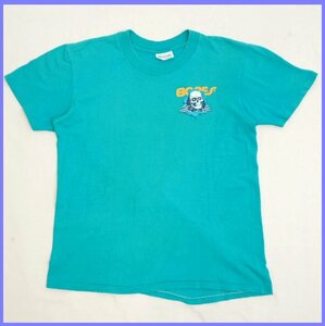 □POWELL/パウエル BONES 半袖Tシャツ メンズM/ピーコックブルー/コットン100%/スカル/スケボーウェア/1983年/ヴィンテージ&1777700002