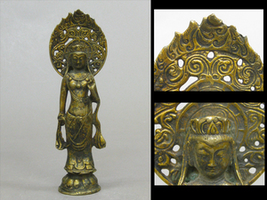 【心庵】時代物　銅製　古銅　鍍金／観音像　仏像　置物　重量528g　MD031