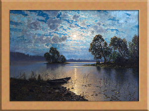月光がある湖の風景画 A4 フィンランド アート複製