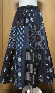 着物リメイク 絣(木綿)のパッチワークティアードスカート　フリーサイズ