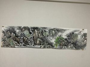 中国画 山水図 水墨画140x35cm―-