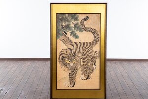 【朝鮮美術】『 李朝民画 虎鵲図 猫虎 紙本 彩色 李朝時代 額装 12062 』 朝鮮民画 インテリア 美術 アート 虎画 古美術 古画 骨董 古玩