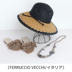 イタリア製FERRUCCIO VECCHI◆フェミニンなバイカラーフリルうろこ編みのようなストロー系ハット