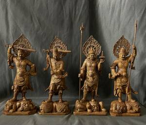 総柘植材　仏教工芸品　時代彫刻　一刀彫　極上彫　木彫仏像　四天王立像