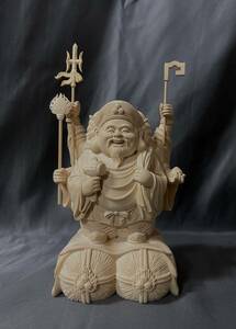 極上品　仏教工芸品　一刀彫　総檜材　木彫仏像　三面大黒天立像