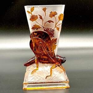 博物館級 バカラ 飛蝗草花文硝子花瓶 19世紀 バッタ BACCARAT アンティーク アンバー プレス成型 花器 飾壷 