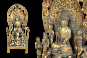 仏教美術 銅器 塗金 仏像 置物 高さ:約35cm 骨董品 美術品 9617tdy