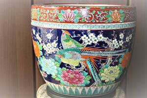 ★☆極上塗り火鉢 紺地色絵 十錦手 花鳥図 / メダカ鉢 睡蓮鉢 鉢カバー / 伊万里 有田焼 / 明治・大正・昭和☆★