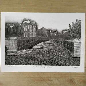 「パリのシュリー橋」A4プリント。Pont de Sully, Paris エディションNo.999 タイトル サイン手書き サン・ルイ島 風景画 水墨画