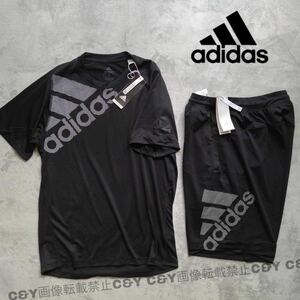XL （O）新品正規品 adidas アディダス ジャージ 上下セット Tシャツ ハーフパンツ セットアップ ロゴ 黒 ブラック LL DU0902/DU0934