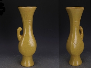 ■宋時代 後周柴窯 檸檬黄釉 薄胎 鳳首花瓶■高さ41.7ｃｍ 直径13ｃｍ