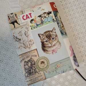 ◆創夢◆ヴィンテージcat リネン 猫柄コラージュ ハンドメイドブックカバーB6サイズ 手帳カバー デジタルプリント