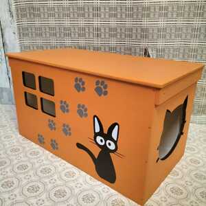 《受注生産C24》木製猫ハウス オレンジ 猫の隠れ家 保護猫 猫カフェ 小屋 キャットタワー ハンドメイド 野良猫