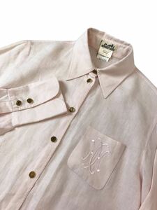 (D) HERMES エルメス フランス製 H刺繍 リネン 長袖シャツ 34 ピンク 金ボタン セリエボタン
