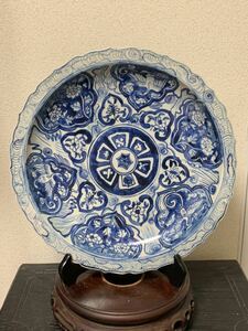 元ー明時代　青花折花卉鶴紋盤中国古美術　