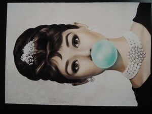 A4 額付き ポスター オードリーヘップバーン Audrey Hepburn バブルガム 風船 ガム ブルー 額装済み 黒 フォトフレーム 