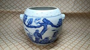 中国 唐物 古瓷 染付 時代物 清代獅首詩文罐 
