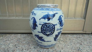 中国 唐物 古瓷 時代物 染付 清代青花福壽紋罐