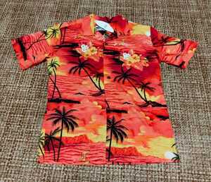 半袖アロハシャツ　Palmwave　ブラッドオレンジ系　メンズM　サーフシャツ