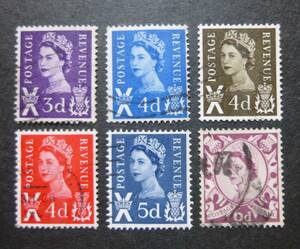 使用済み　イギリス　(UK)、Scotland（スコットランド）　１９５８－１９７０年　エリザベス　II 女王　切手　６枚　送料無料
