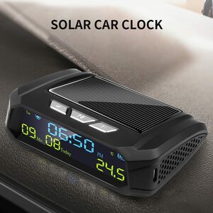 車 汎用 ソーラーパワー USB 充電 時計 スマート デジタル カレンダー 時間 温度 LEDディスプレイ 便利 内装 インテリア