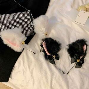 新品 2個セット 猫耳 カチューシャ 黒 白 ロリータ リボン ヘッドドレス　猫耳　YouTube　イベント　ハロウィン　クリスマス　コスプレ