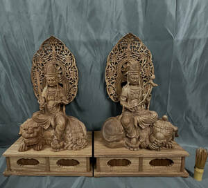 大型53cm仏教工芸品　総楠製　井波彫刻　極上彫　木彫仏像　文殊菩薩、普賢菩薩座像一式