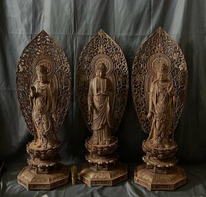 特大型　高92cm 井波彫刻　仏教工芸品　総楠製　極上彫　木彫仏像　薬師如来三尊立像
