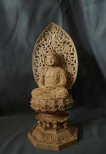 極上品　仏教工芸品　一刀彫　総ケヤキ材　木彫仏像　阿弥陀如来座の