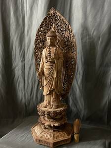 大型　高61cm 井波彫刻　仏教工芸品　総楠製　極上彫　木彫仏像　薬師如来立像