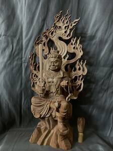 大型58cm 仏教工芸品　総楠製　井波彫刻　極上彫　木彫仏像　不動明王座像