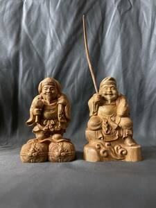 極上品　仏教工芸品　一刀彫　総ケヤキ材　福神　恵比寿　大黒