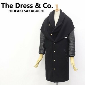 ◆The Dress&Co. HIDEAKI SAKAGUCHI ドレス&コー ヒデアキ サカグチ 袖レザー ショールカラー ロング スタジャン コート 黒 ブラック 38