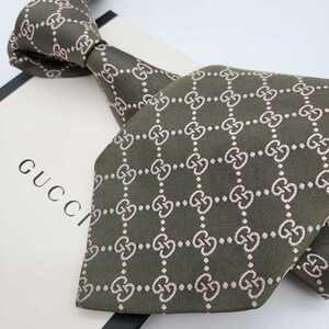 1円 【美品】 GUCCI グッチ ネクタイ ブランド GG柄 カーキ ピンク シルク100%