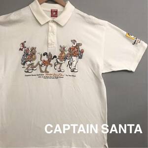 キャプテンサンタ CAPTAIN SANTA ポロシャツ 半袖 鹿の子 ホワイト白 ゴルフ プリント スポーツ メンズ XLサイズ £△